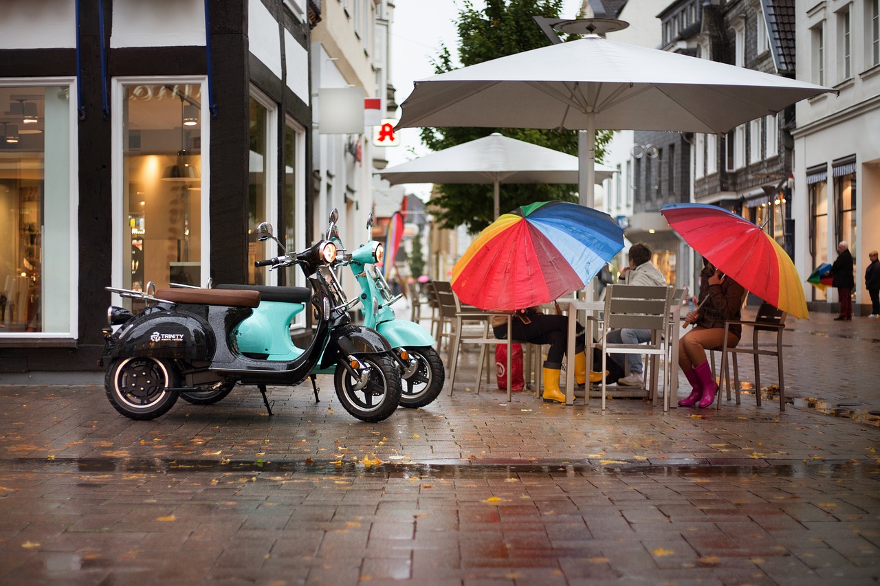 electric scooter, scooter, street, rain, umbrella, woman, cafe, conversation, retro, nature, cafe, cafe, cafe, cafe, cafe, conversation